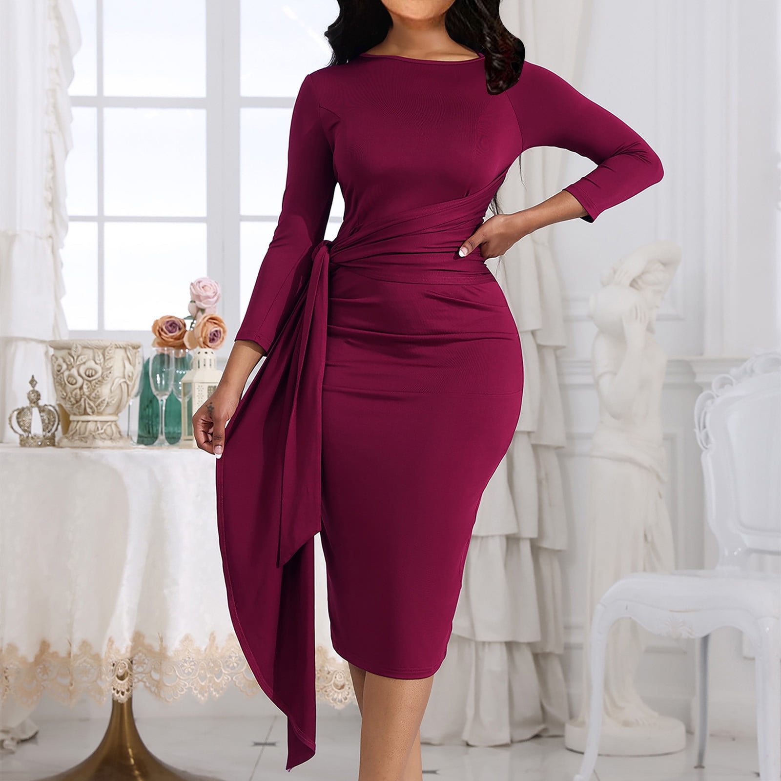 Xysaqa Women's Bodycon Long Sleeve Work Office Midi Pencil