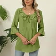 thumbnail image 1 of Xysaqa Women's Casual 3/4 Sleeve Tops Tie V-Neck Pleated Blouses Cute Ruffle Trim Tunic Tops Solid Dressy Casual 3/4 Length Sleeve T-Shirts Green S Clearance, 1 of 6