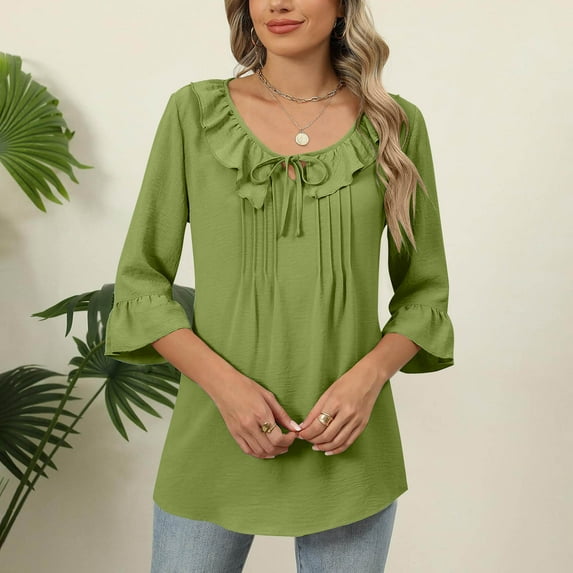 Xysaqa Women's Casual 3/4 Sleeve Tops Tie V-Neck Pleated Blouses Cute Ruffle Trim Tunic Tops Solid Dressy Casual 3/4 Length Sleeve T-Shirts Green S Clearance