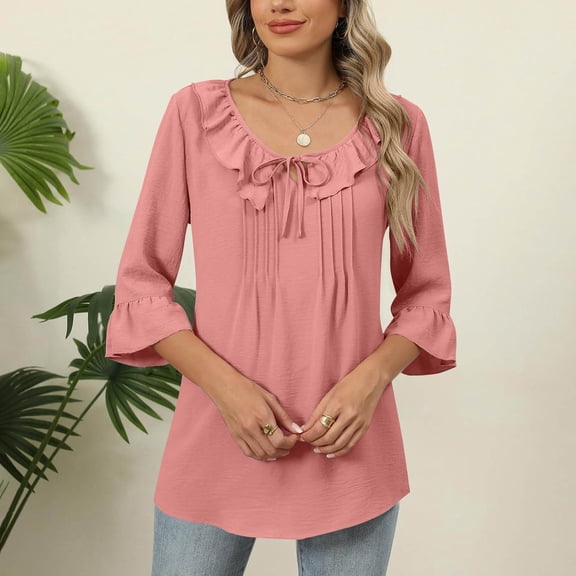 Dzypnd Women's Casual 3/4 Sleeve Tops Tie V-Neck Pleated Blouses Cute Ruffle Trim Tunic Tops Solid Dressy Casual 3/4 Length Sleeve T-Shirts Pink S