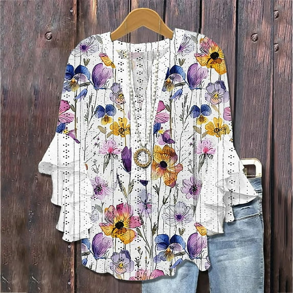 Xysaqa Women's Casual Eyelet V Neck T Shirts Loose Fit Summer Ruffle 3/4 Sleeve Tops Boho Floral Flowy Tunic Blouses S-2XL