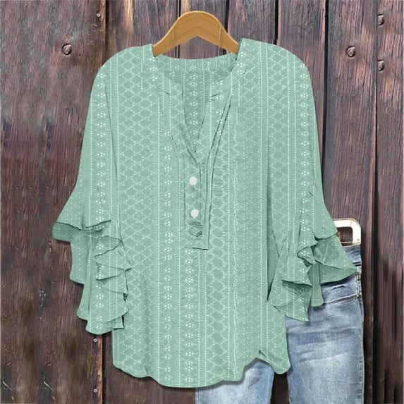 Xysaqa Women's Casual Eyelet V Neck T Shirts Loose Fit Summer Ruffle 3/4 Sleeve Tops Solid Color Flowy Tunic Blouses S-2XL