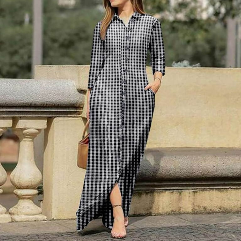Xysaqa Women s Casual Long Sleeve Plaid Maxi Shirt Dress Loose Lapel Collar Button Up Long Dresses with Pocket S XXL Walmart