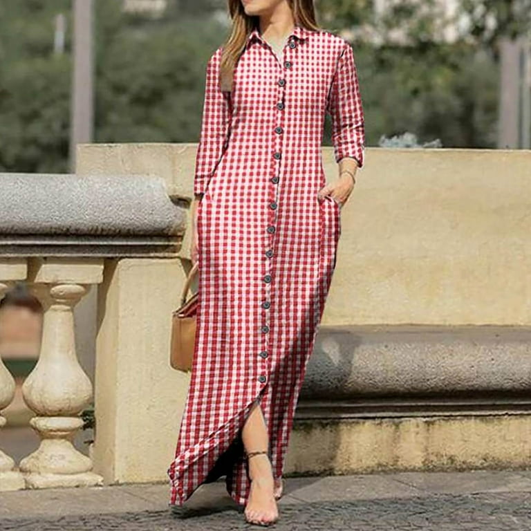 Casual Plaid Buttons Turndown Collar Long Sleeve Dresses Casual Plaid Buttons Turndown Collar Long Sleeve Dresses