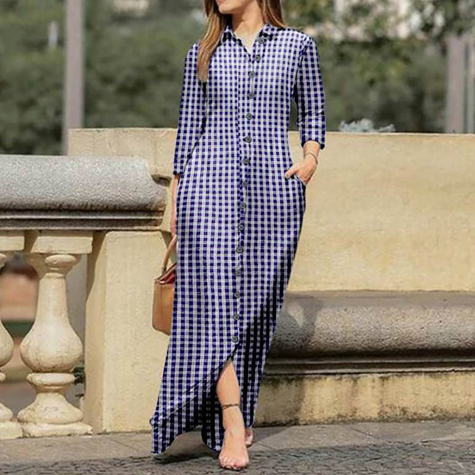 Xysaqa Women's Casual Long Sleeve Plaid Maxi Shirt Dress Xysaqa Women's Casual Long Sleeve Plaid Maxi Shirt Dress