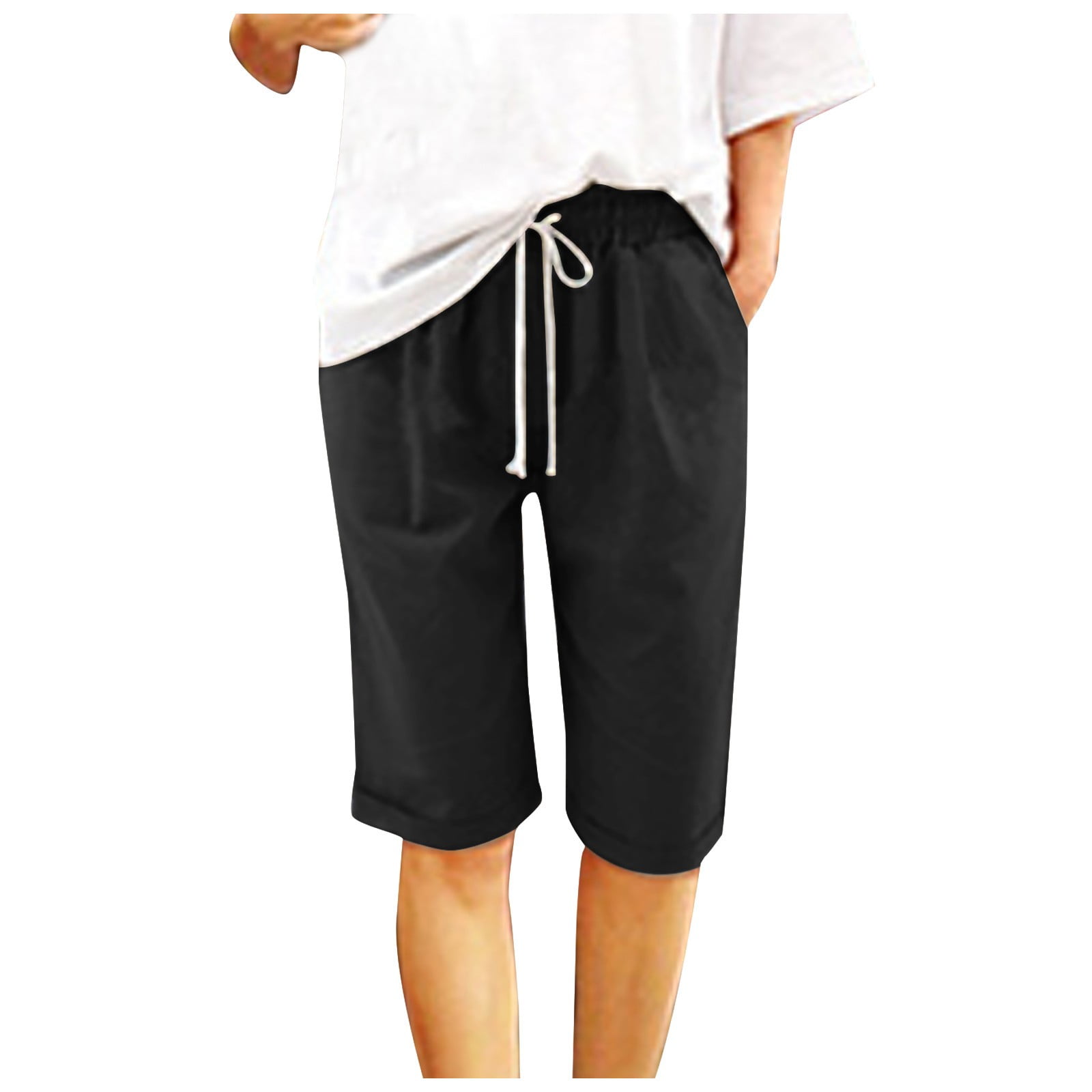SnnmBlm Bermuda Shorts For Women Cargo Shorts Knee Length 6 Pockets Elastic Waist Long Shorts For Summer Casual Black M