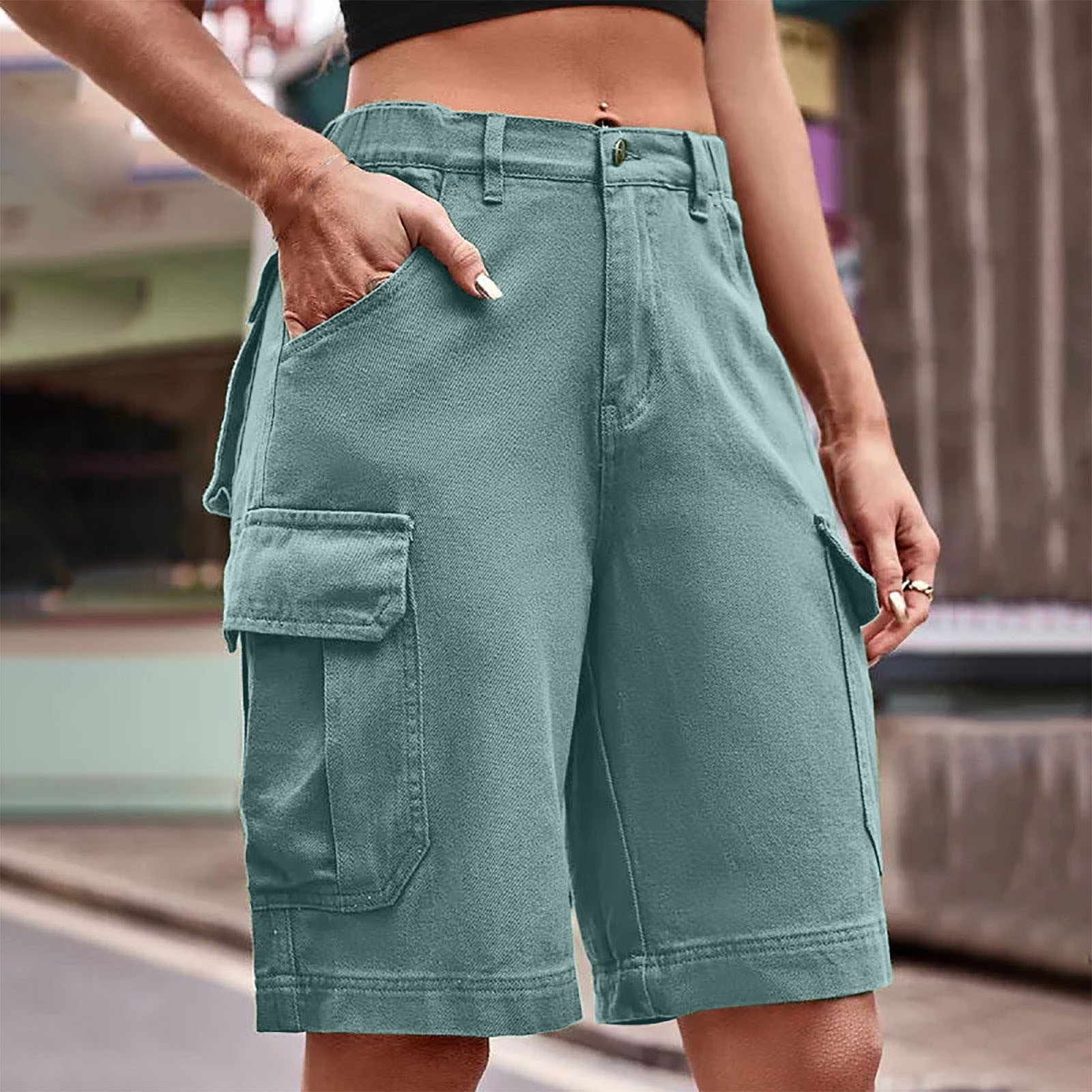 Xysaqa Women's Casual Twill Bermuda Cargo Shorts Summer Knee Length Loose  Fit Straight Shorts Elastic Waist Multi Pocket 