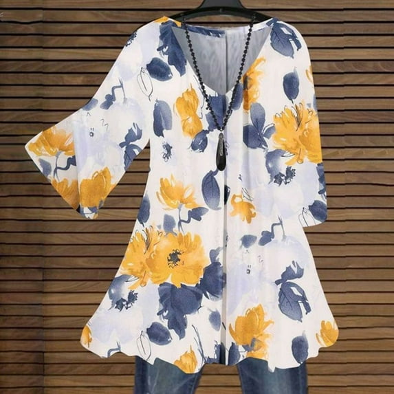 Xysaqa Women's Chiffon 3/4 Sleeve Shirts Vintage Boho Floral Print Tunic Tee Pleated V Neck Casual Work Shirts Blouses Tops