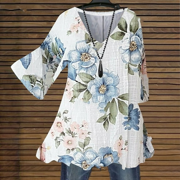 Xysaqa Women's Chiffon 3/4 Sleeve Shirts Vintage Boho Floral Print Tunic Tee Pleated V Neck Casual Work Shirts Blouses Tops