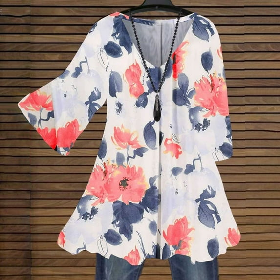 Xysaqa Women's Chiffon 3/4 Sleeve Shirts Vintage Boho Floral Print Tunic Tee Pleated V Neck Casual Work Shirts Blouses Tops