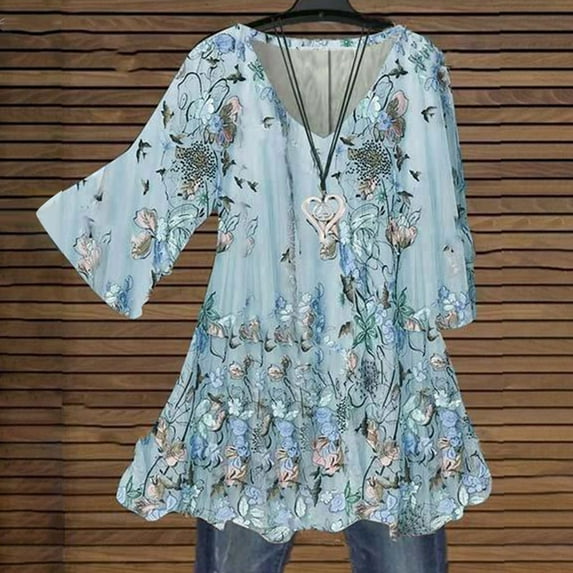 Xysaqa Women's Chiffon 3/4 Sleeve Shirts Vintage Boho Floral Print Tunic Tee Pleated V Neck Casual Work Shirts Blouses Tops