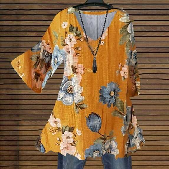 Xysaqa Women's Chiffon 3/4 Sleeve Shirts Vintage Boho Floral Print Tunic Tee Pleated V Neck Casual Work Shirts Blouses Tops
