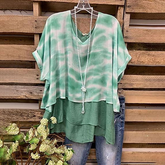 Xysaqa Women's Chiffon Short Sleeve Shirts Vintage Boho Tie-Dyed Tunic Tee Layer Casual Work Shirts Blouses Tops S-3XL Clearance