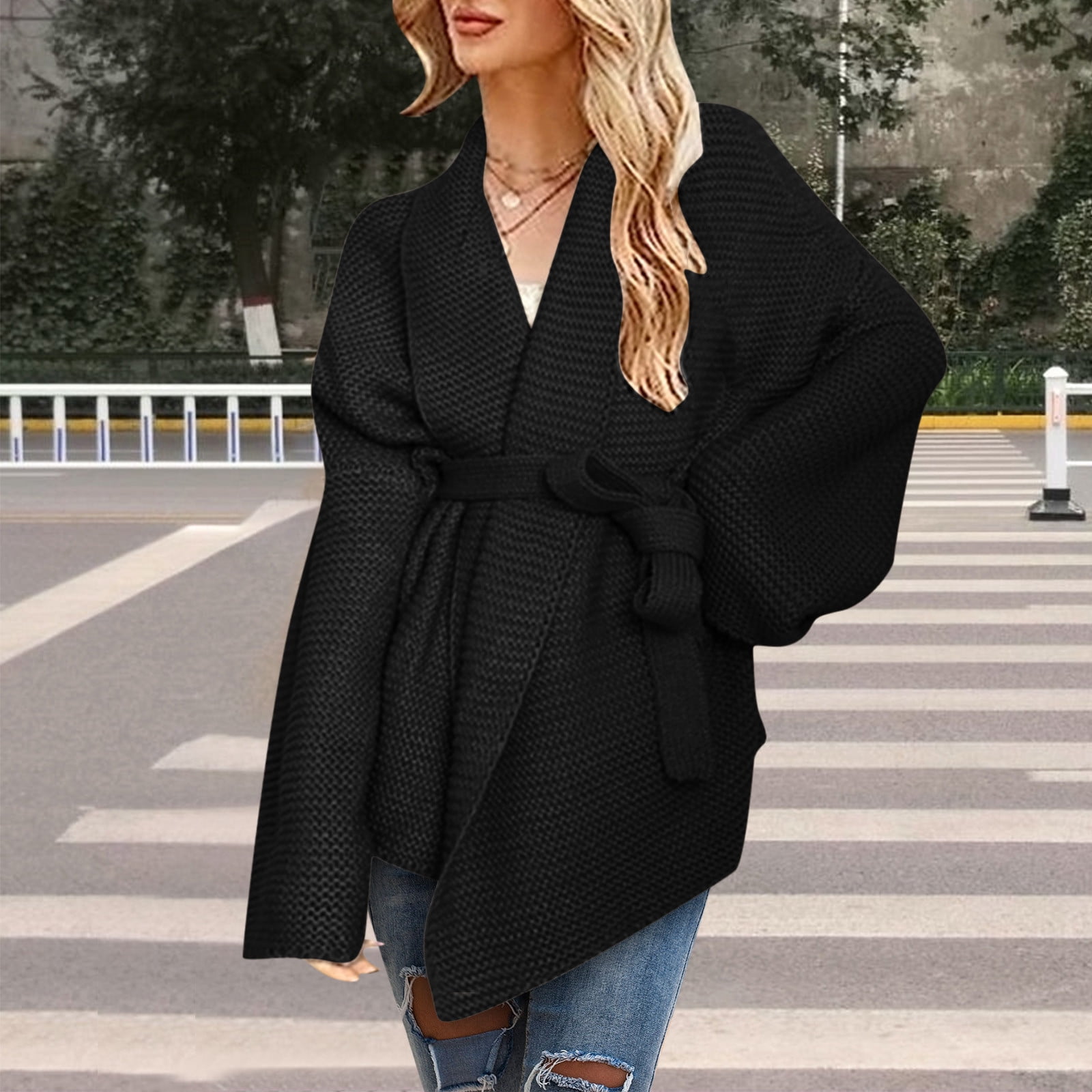 Xysaqa Women s Chunky Cable Knit Short Cardigan Sweater Casual Collar Open Front Sweaters Jacket Coat with Belt S XXL Walmart