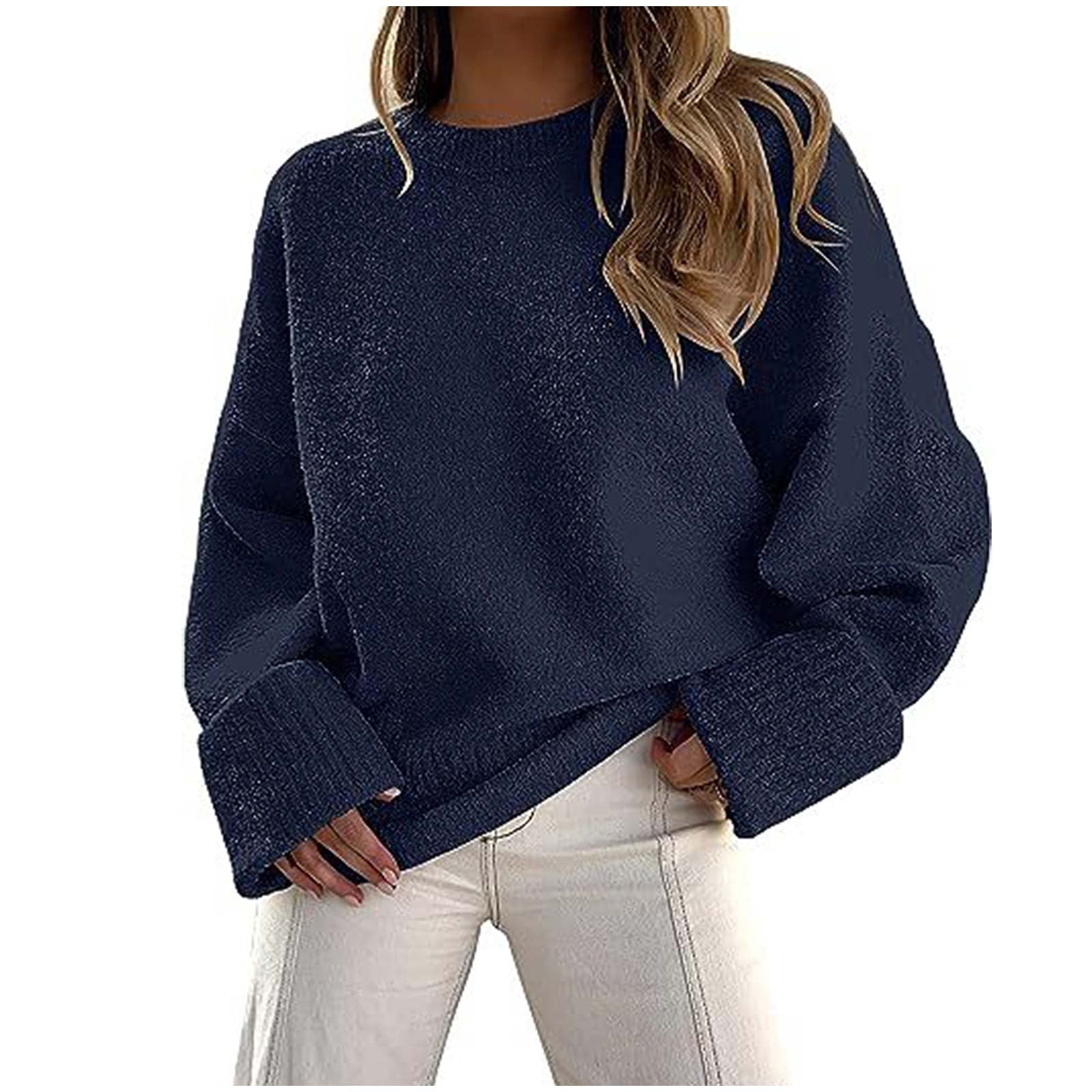 Womens Crewneck Long Sleeve Pullover Sweaters Cable Knit Casual Loose Chunky Sweater Tops Light Blue M