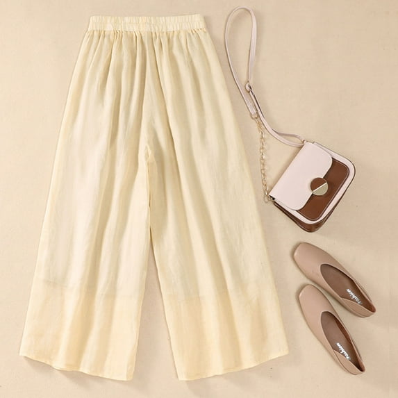 Xysaqa Women's Comfy Cotton Linen Pants, Womens Elastic Waist Wide Leg Pants Capris for Women Lightweight Casual Cropped Palazzo Trousers Culottes