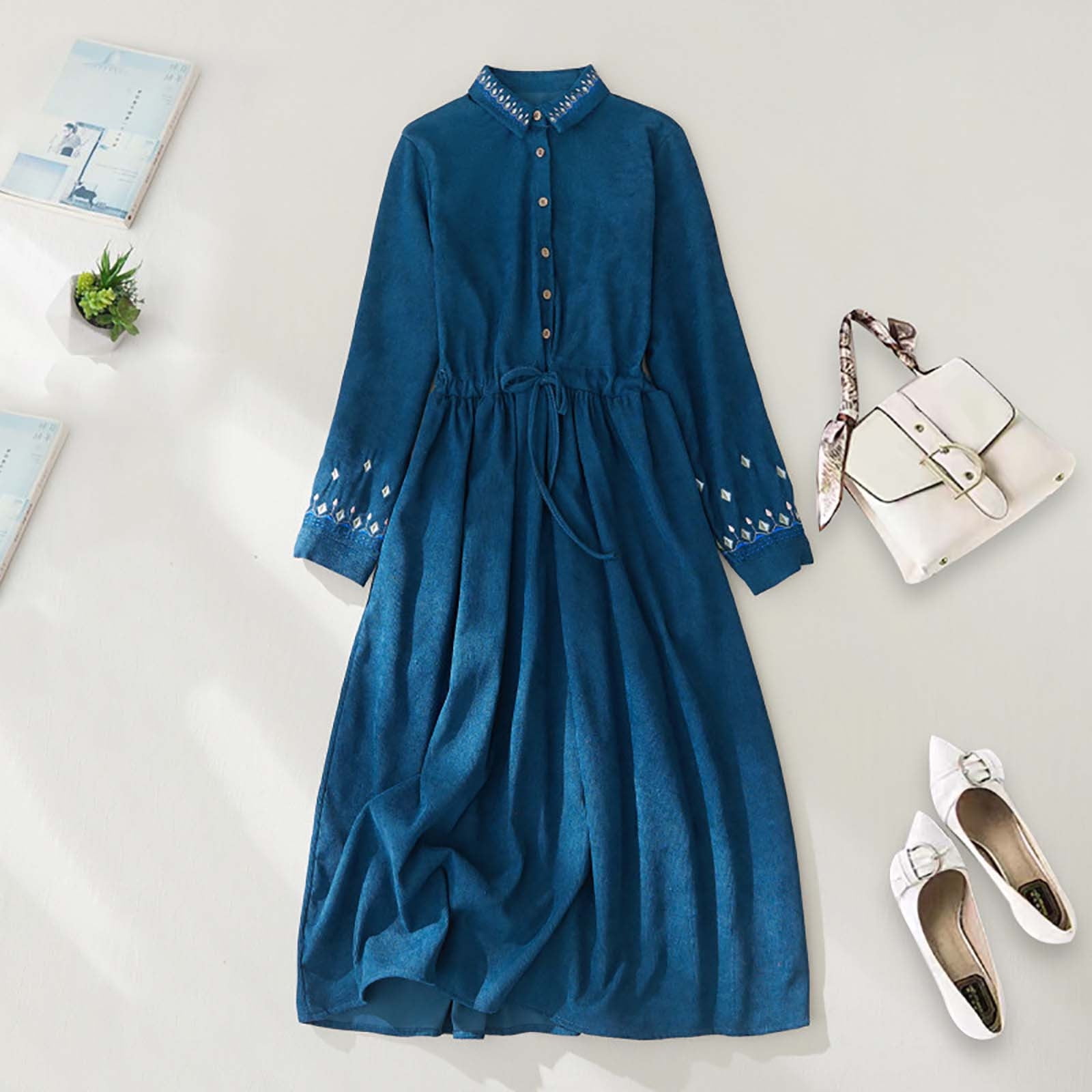 Xysaqa Women's Corduroy Fall Winter Maxi Dress Button Lapel Long Sleeve ...