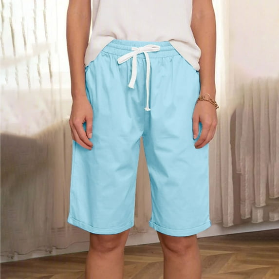Xysaqa Women's Cotton Linen Casual Shorts Drawstring Pull On Short Comfy Elastic High Waist Loose Bermuda Shorts Lounge Summer Clothes for Women S-2XL