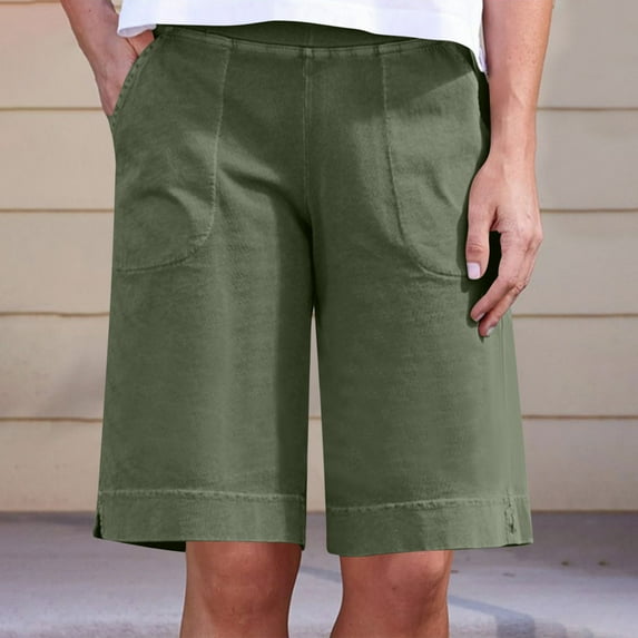 Xysaqa Women's Cotton Linen Shorts Casual Bermuda Shorts for Women Summer Beach Pull On Short with Elastic High Waisted & Pockets S-XXL