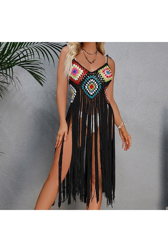 Women's Crochet Swimsuit Cover Ups, Hollow Out Bikini Bathing Suit Spaghetti Strap Cover Up for Women Tassel Swimwear Pool Beach Dress