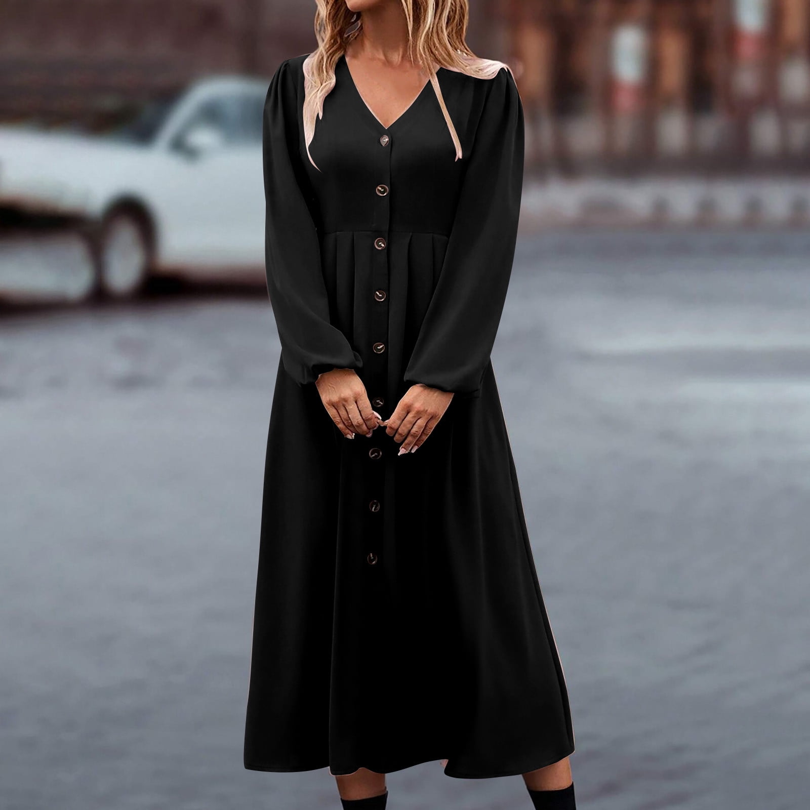 Women Elegant Maxi Dress Pleated Backless Solid New V Neck Long Sleeve Evening Party Dresses Summer
