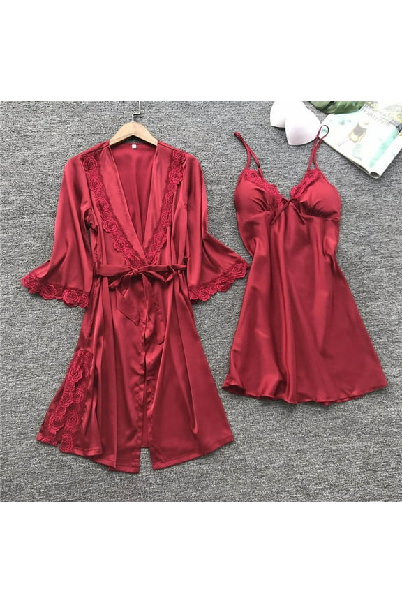 Women's Elegant Lace Satin Sleeveless Chemise Nightgown with Robe Set, 2 Piece Silk Pajamas for Women Sets Sleep Nightdress with Belted Bathrobe