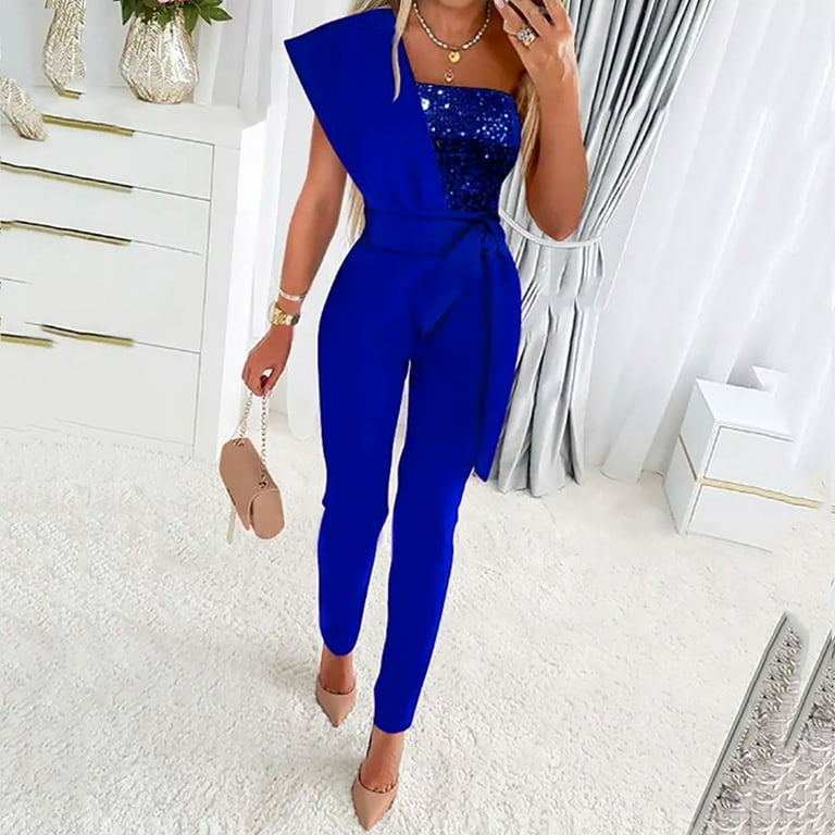 Xysaqa Women's Elegant Off Shoulder Sequin Jumpsuits Summer Party Wedding Formal  High Waist Pants Rompers with Belt 