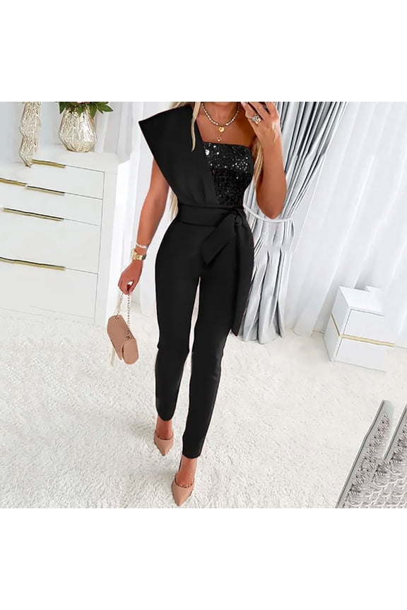 Women's Elegant Off Shoulder Sequin Jumpsuits Summer Party Wedding Formal High Waist Pants Rompers with Belt