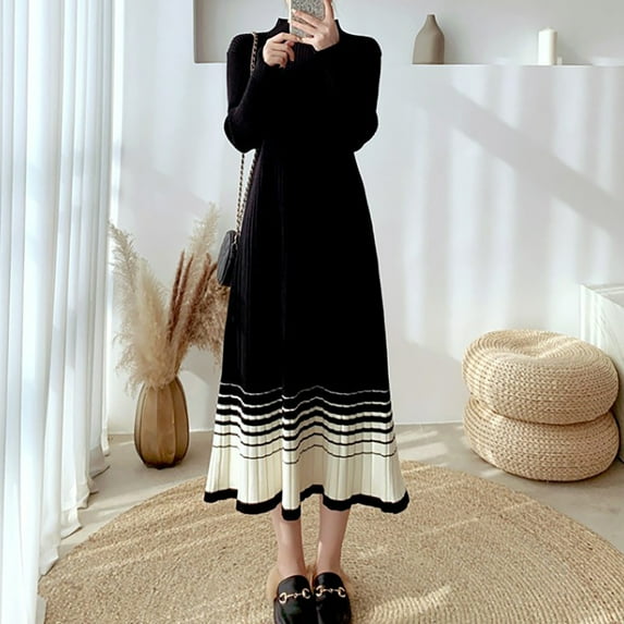 Xysaqa Women's Fall Winter Mock Turtleneck Sweater Dress Causal Loose Long Sleeve Knit Maxi Sweater Dress for Women Color Block Long Dresses