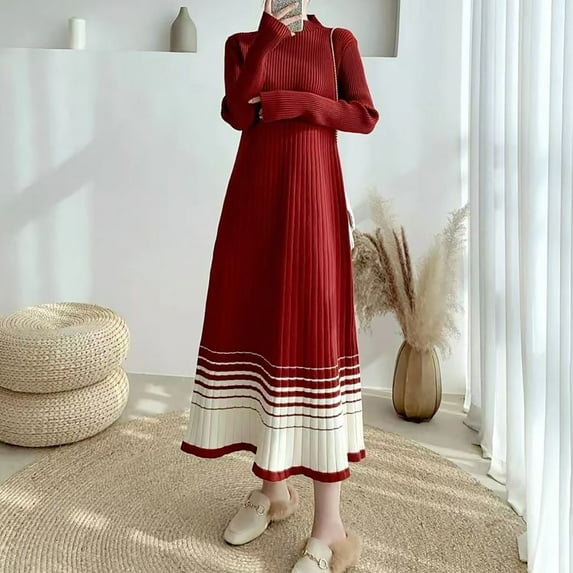 Xysaqa Women's Fall Winter Mock Turtleneck Sweater Dress Causal Loose Long Sleeve Knit Maxi Sweater Dress for Women Color Block Long Dresses