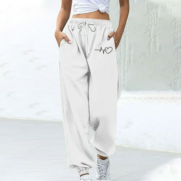 Xysaqa Women's High Waisted Sweatpants Baggy Athletic Joggers Pants Lounge Workout Girls Sweatpants with Pockets & Heart Print White XL