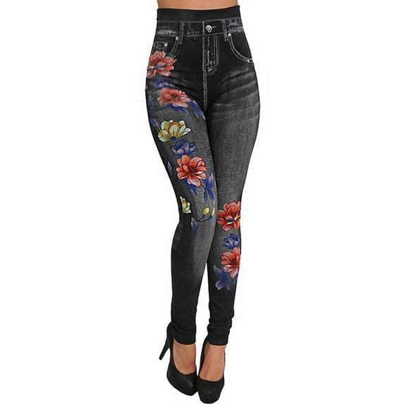 Xysaqa Women's Jeans Look Jeggings Womens Skinny High Waisted Fake Denim Jeggings Soft Stretch Seamless Floral Printed Full Leggings Pull-On Casual Pants Black L