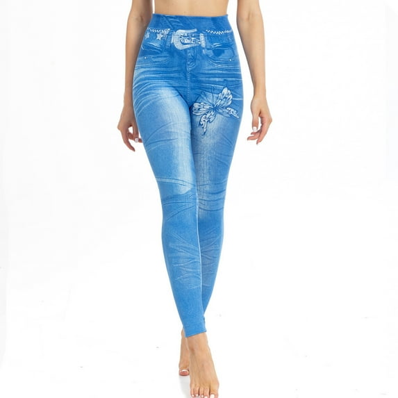 Xysaqa Women's Jeans Look Jeggings Womens Skinny High Waisted Fake Denim Jeggings Soft Stretch Seamless Full Leggings Pull-On Casual Pants S-3XL Savings