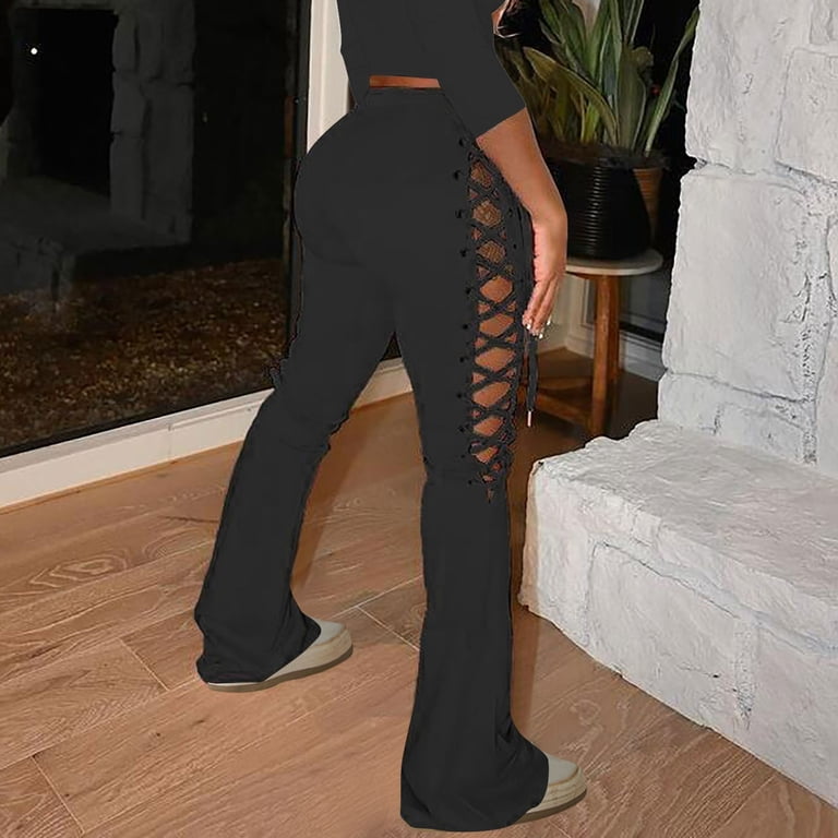 Xysaqa Women's Lace Up High Waist Flare Pants Trendy Sexy Cut Out