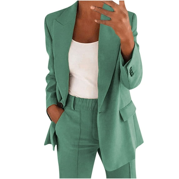 Xysaqa Women's Linen Blended Casual Office One Button Suit 2 Piece Set Ladies Two Piece Work Outfits - Women Plus Size Blazer Suit (S-5XL)