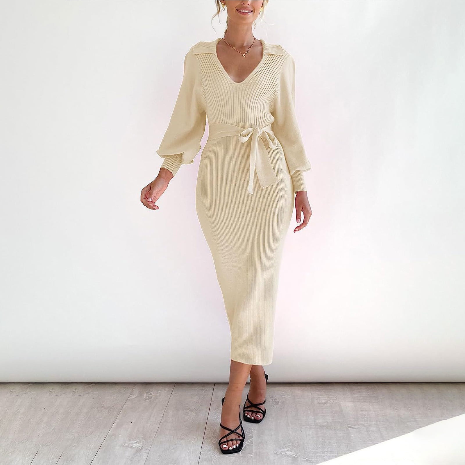 Xysaqa Women's Long Maxi Sweater Dress Wrap Deep V Neck Slim Midi Knit ...