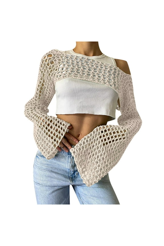 Women's Long Sleeve Crop Top Crochet Beach Cover Up, Women Hollow Out Cropped Knit Sweater Bikini See-Through Cover Ups Y2K Style