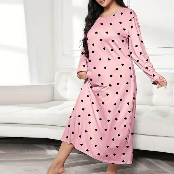 Xysaqa Women's Long Sleeve Nightgown Plus Size Sleepwear Soft Comfy Heart Printed Long Sleepshirts Crew Neck Full Length Sleep Dress 3X 4X 5X