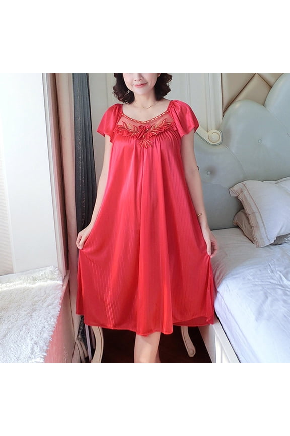 Women's Mesh Ruffled Satin Nightgown Loose Sleepwear Full Slip Nightshirt Short Sleeve Sleep Dress Comfy House Dress for Women Oversized Dresses Clearance Red