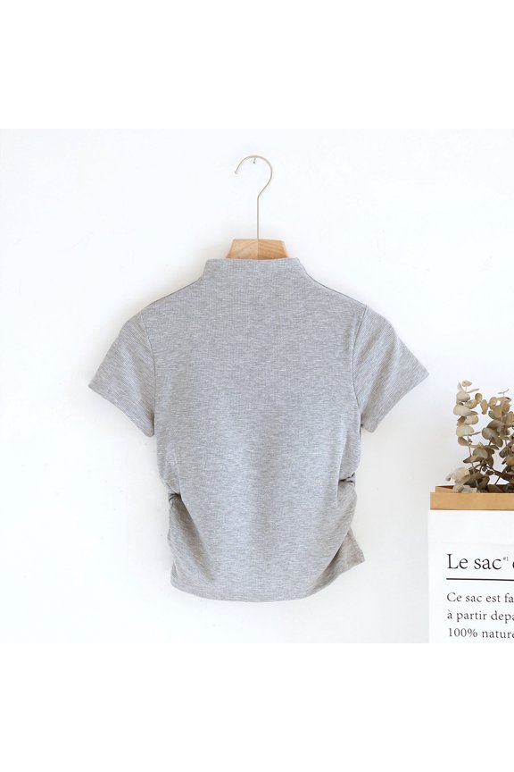 Women's Mock Turtle Neck Crop Tops Short Sleeve Slim Fitted Knit Basic Tee Shirts Ruched Tops for Women Trendy (with Padded)