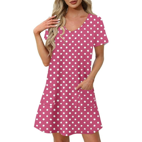 Xysaqa Women's Nightgown Short Sleeve Sleepshirts Lounge V Neck Sleepwear Casual Polka Dots Printed Pajama Dress Casual Summer Dresses S-2X