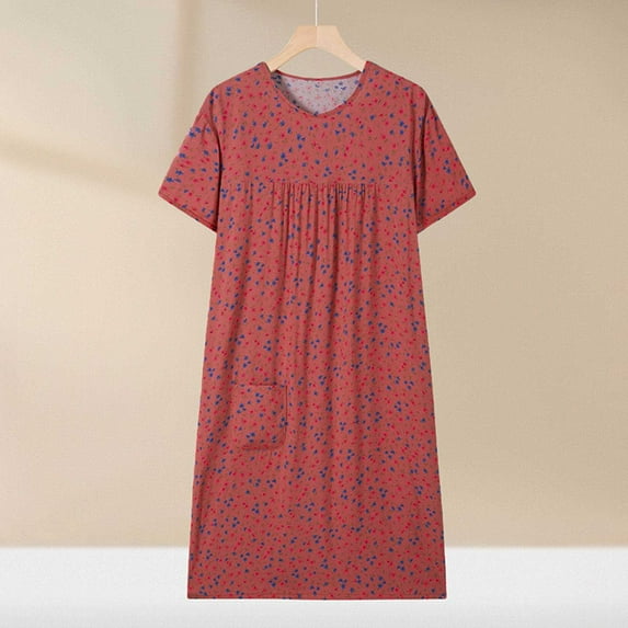 Xysaqa Women's Nightgowns Cooton Soft Short Sleeve Sleepshirts Floral Print Sleepwear Casual Pleated Pajama Dress Comfy Nightdress Sleeping Dress XL 2X 3X Clearance Wine