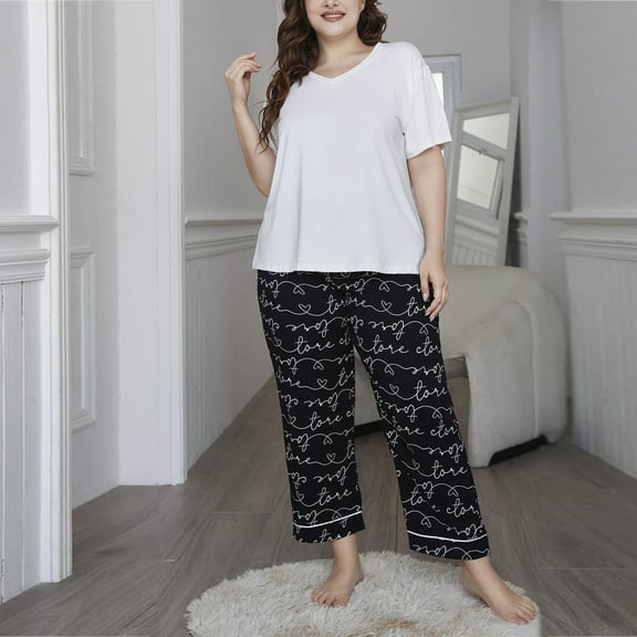 Xysaqa Women's Pajama Set Short Sleeve Shirt and Long Pants Sleepwear Pjs Sets Soft Sleepwear Lounge Print XL-4XL (Plus Size)
