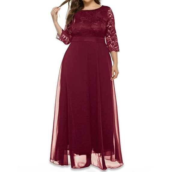 Xysaqa Women's Plus Size Floral Lace 3/4 Sleeve Maxi Dress Wedding Guest A-Line Midi Dress Elegant Formal Evening Party Long Dress XL-5XL