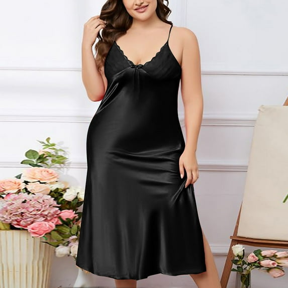Xysaqa Women's Plus Size Full Slip Nightgown Chemise Sexy Side Split Negligees Satin Nightgowns for Women Soft Comfy V Neck Sleepwear Full Length XL 2X 3X Clearance Black