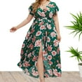 thumbnail image 1 of Xysaqa Women's Plus Size Maxi Dress Boho Floral Print Short Sleeve High Waist A-Line Midi Dress Front Split Wedding Guest Casual Summer Party Long Dress XL-5XL, 1 of 6