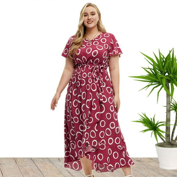 Xysaqa Women's Plus Size Maxi Dress Boho Printed Short Sleeve High Waist A-Line Midi Dress Ruffle Split Wedding Guest Casual Summer Party Long Dress XL-5XL
