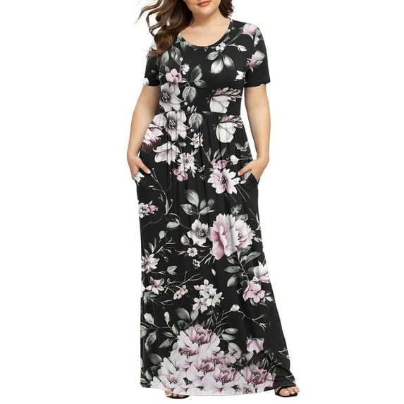 Xysaqa Women's Plus Size Maxi Dresses, Loose Fits Floral Print Short Sleeve Ankle Length Dress Casual Party Long Dress with Pockets 3X 4X 5X
