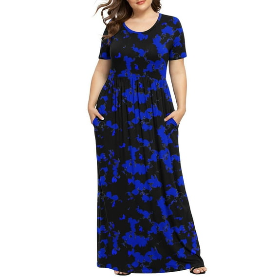 Xysaqa Women's Plus Size Maxi Dresses, Loose Floral Print Wedding Guest Dress Short Sleeve Casual Party Long Dress with Pockets 3X 4X 5X Summer Savings