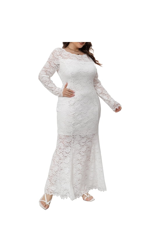 Women's Plus Size Mesh Floral Lace Maxi Dress Long Sleeve Wedding Guest Long Evening Dress Party Cocktail Dress XL-5XL